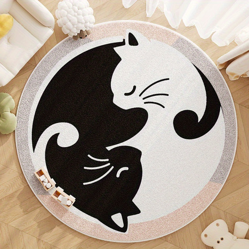 Tapis rond crème à deux chats noir et blanc, Ø 120 cm doux