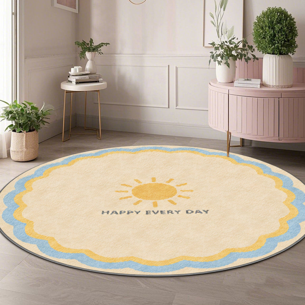Tapis rond crème à double bordure ondulée et petit soleil