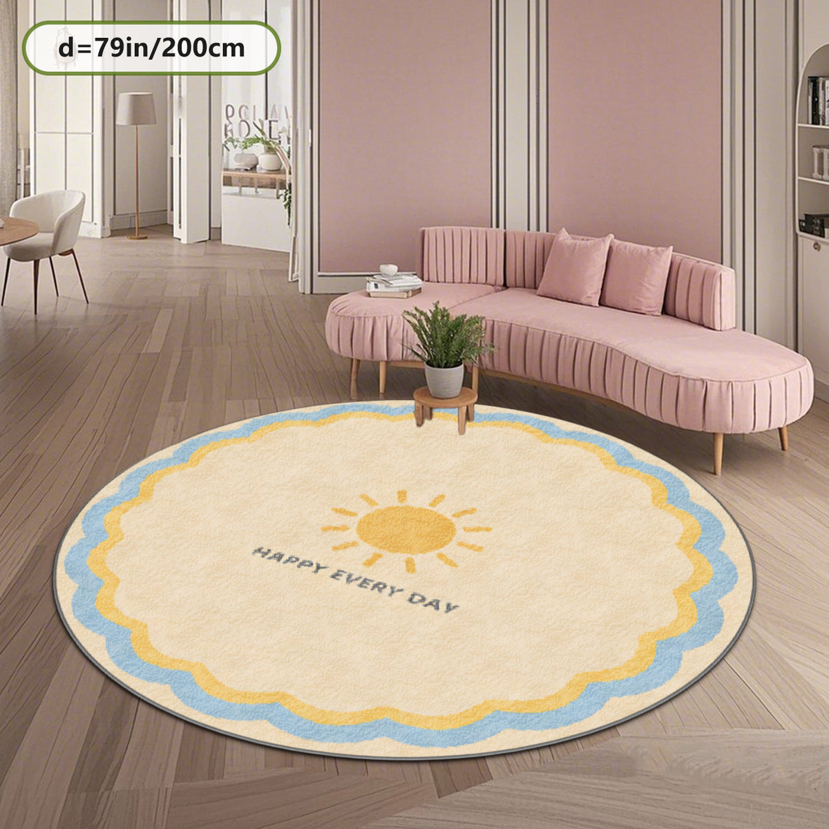 Tapis rond crème à double bordure ondulée et petit soleil