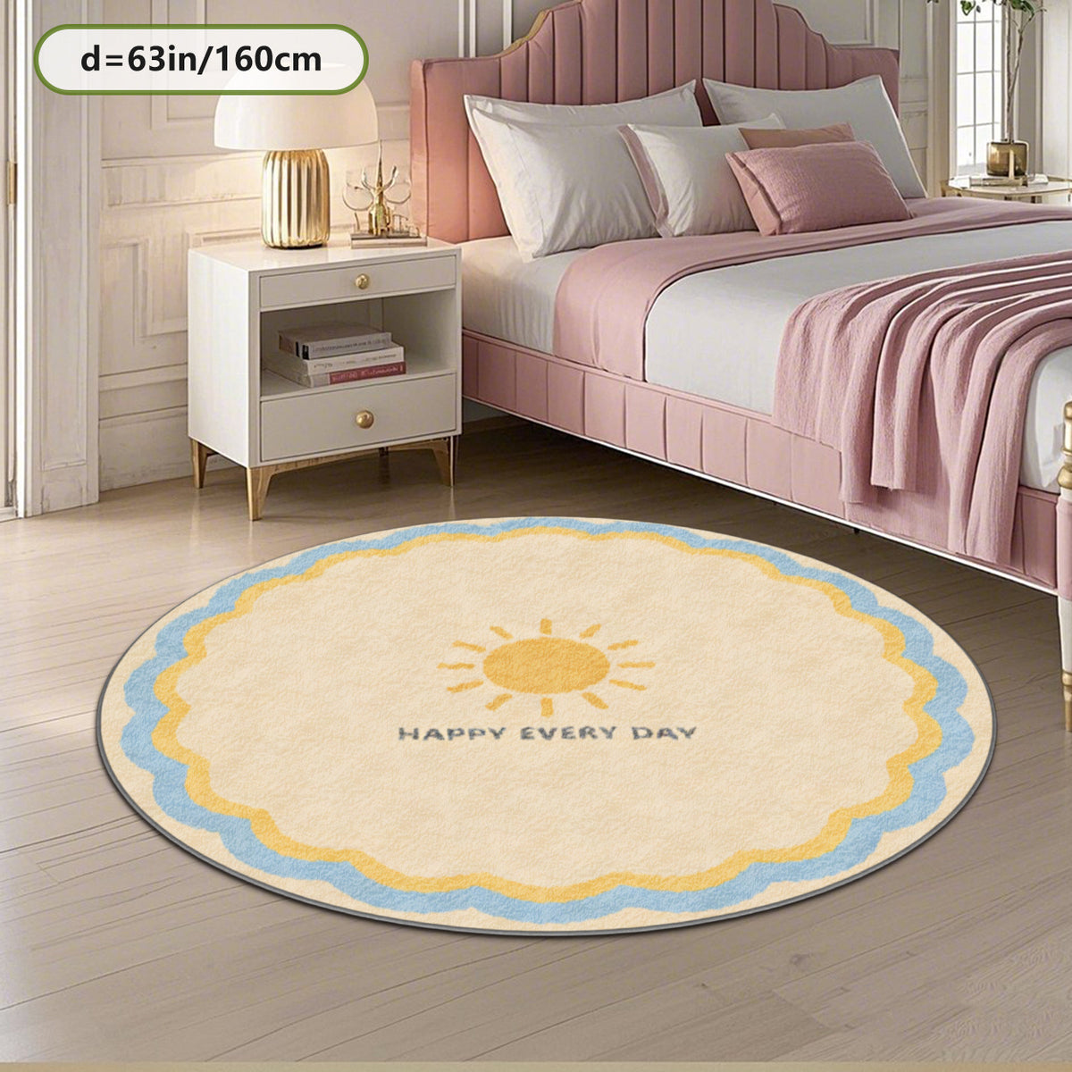 Tapis rond crème à double bordure ondulée et petit soleil