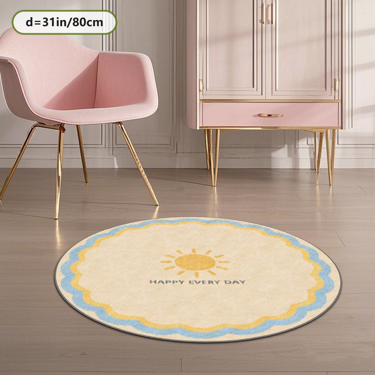 Tapis rond crème à double bordure ondulée et petit soleil