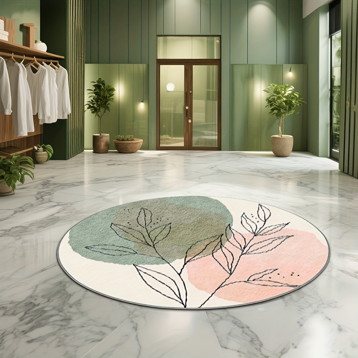 Tapis rond crème à feuillage dessiné, vert et rose pastel