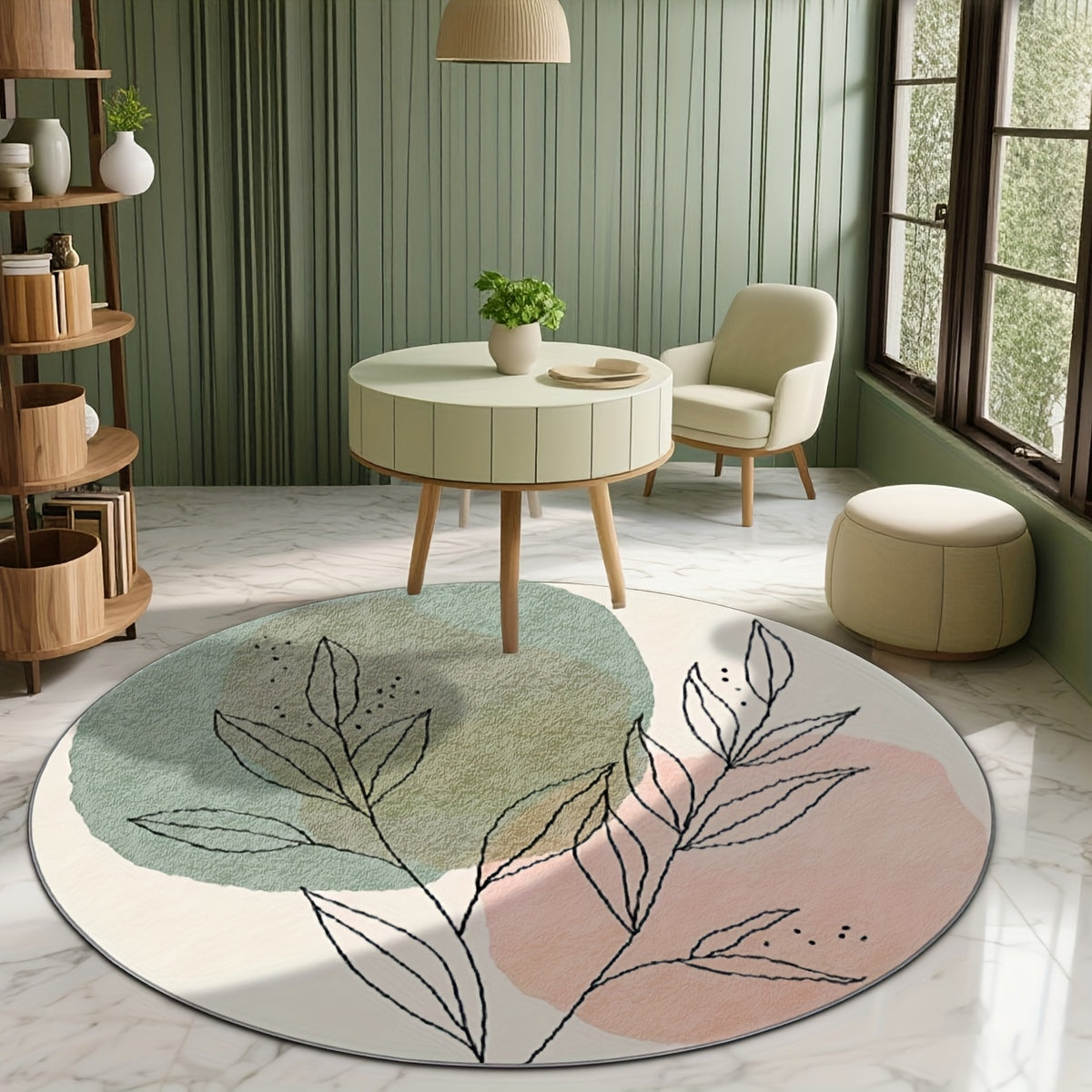 Tapis rond crème à feuillage dessiné, vert et rose pastel