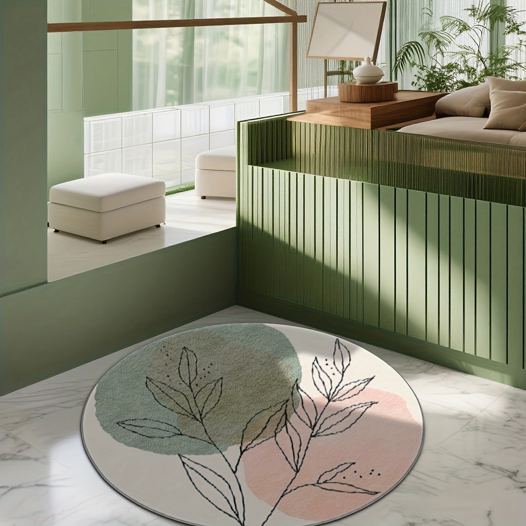 Tapis rond crème à feuillage dessiné, vert et rose pastel