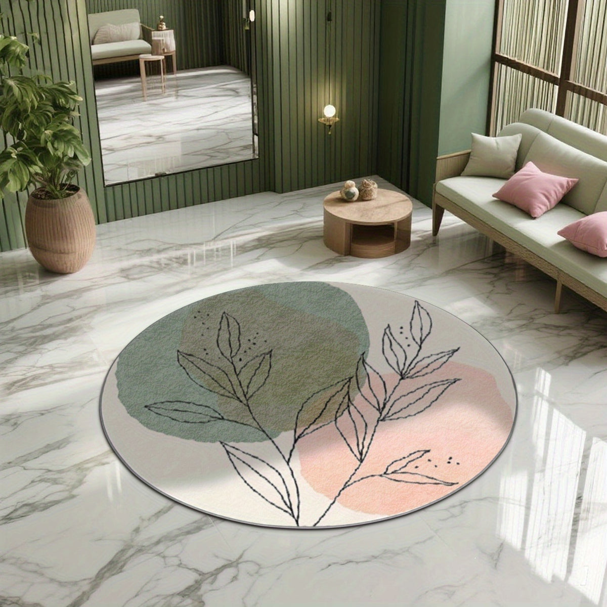 Tapis rond crème à feuillage dessiné, vert et rose pastel