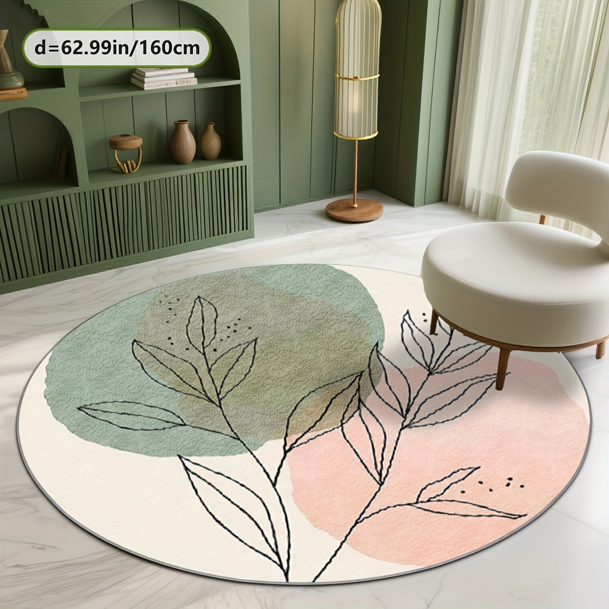 Tapis rond crème à feuillage dessiné, vert et rose pastel