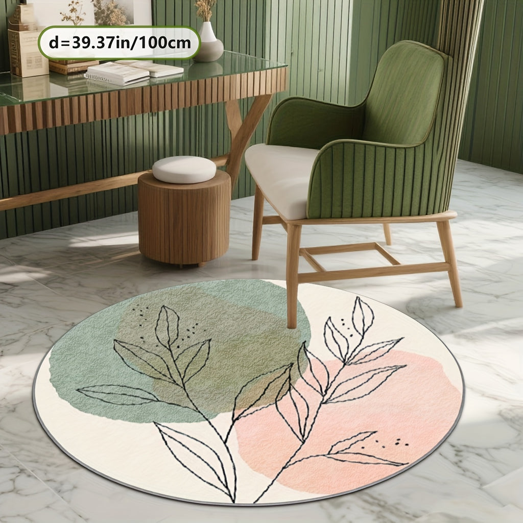Tapis rond crème à feuillage dessiné, vert et rose pastel
