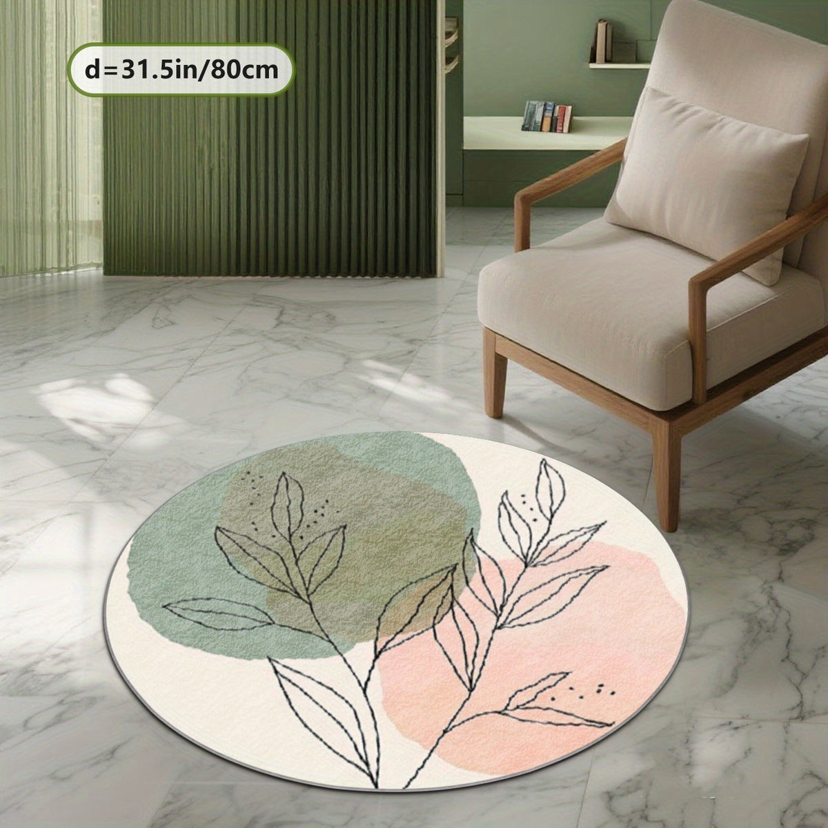 Tapis rond crème à feuillage dessiné, vert et rose pastel