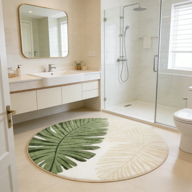 Tapis rond crème à feuilles vertes, deux motifs au choix