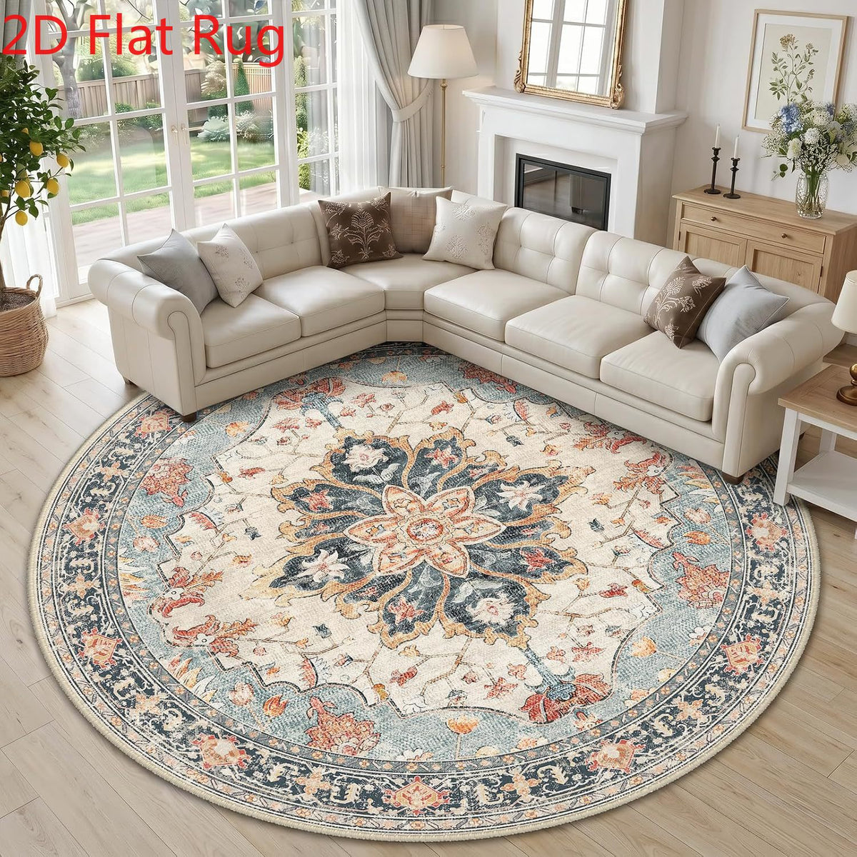 Tapis rond crème à fleur centrale bleue et rouille, Ø 300 cm