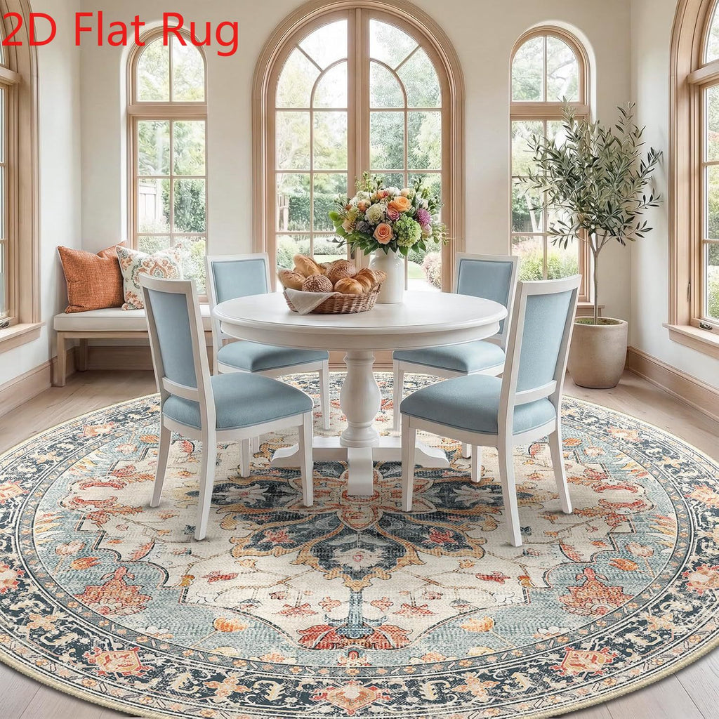 Tapis rond crème à fleur centrale bleue et rouille, Ø 300 cm