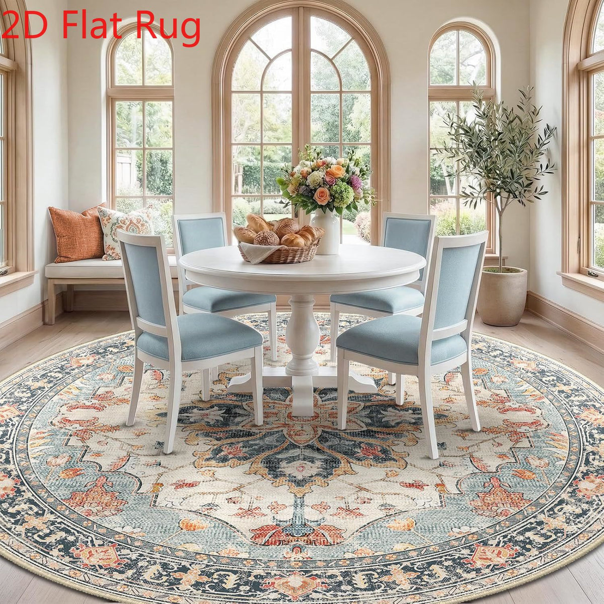 Tapis rond crème à fleur centrale bleue et rouille, Ø 300 cm