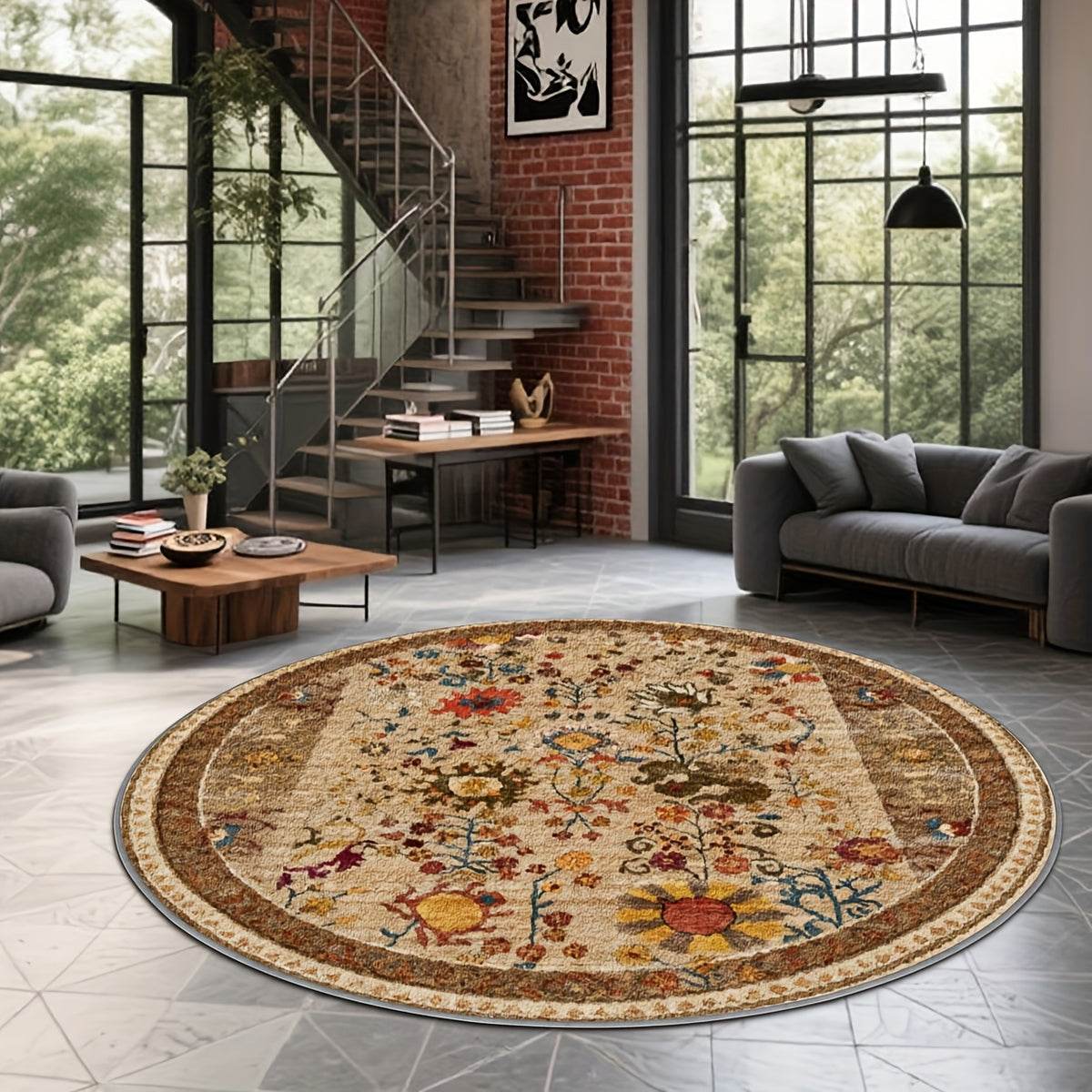 Tapis rond crème à fleurs des champs polychromes, Ø 200 cm