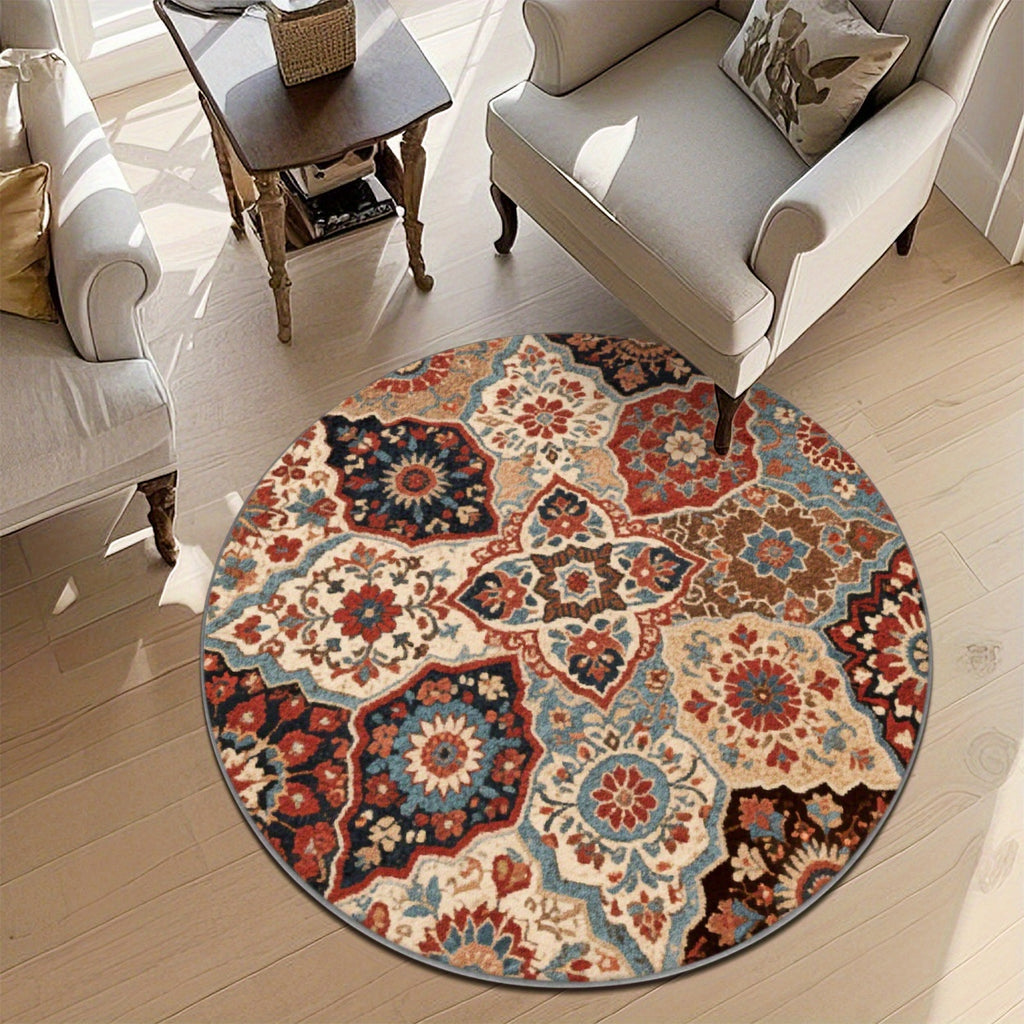 Tapis rond crème à floral persan rouge, trois diamètres nets
