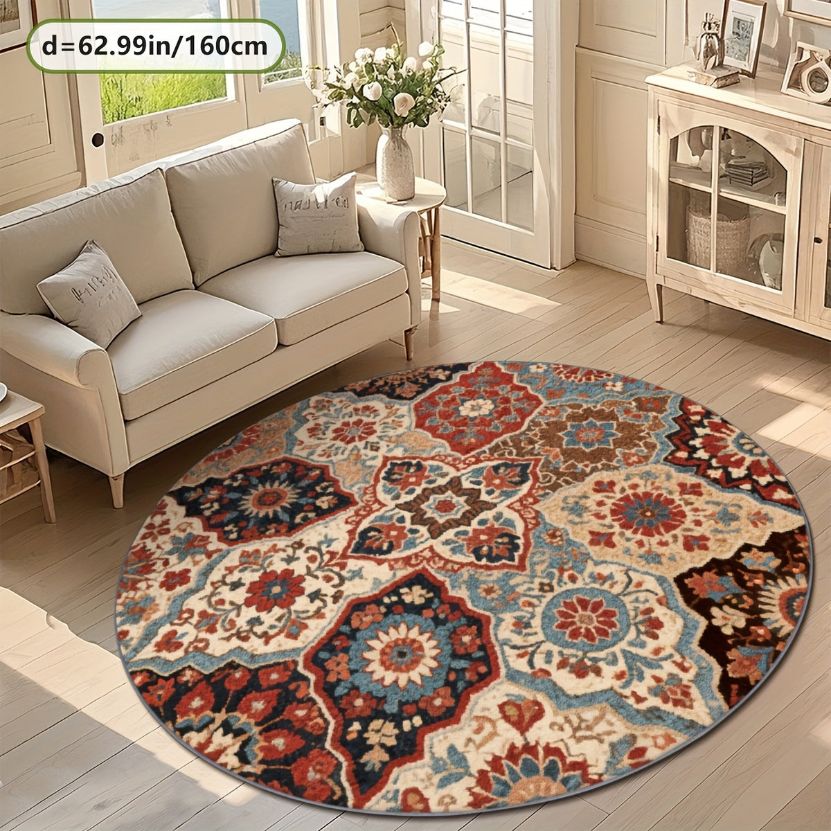 Tapis rond crème à floral persan rouge, trois diamètres nets