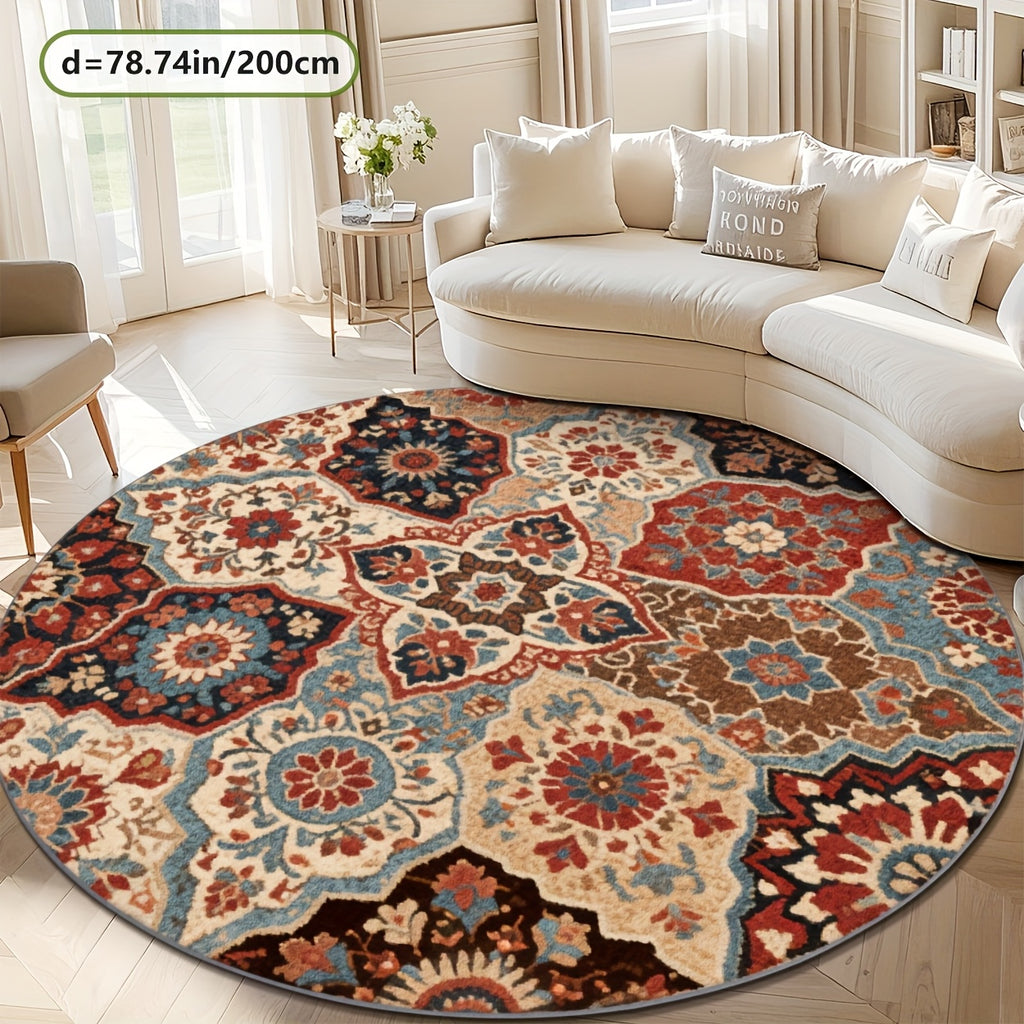 Tapis rond crème à floral persan rouge, trois diamètres nets
