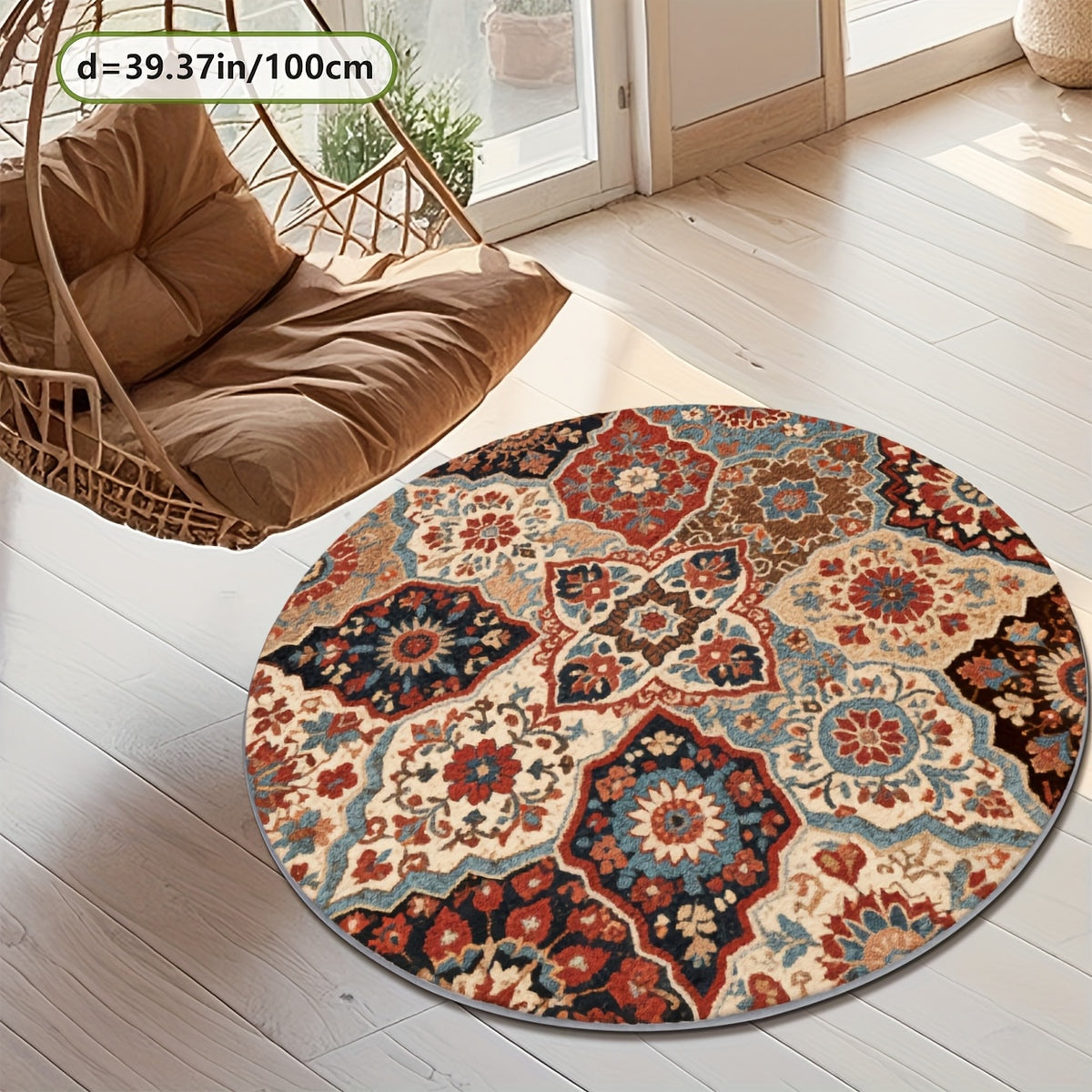 Tapis rond crème à floral persan rouge, trois diamètres nets