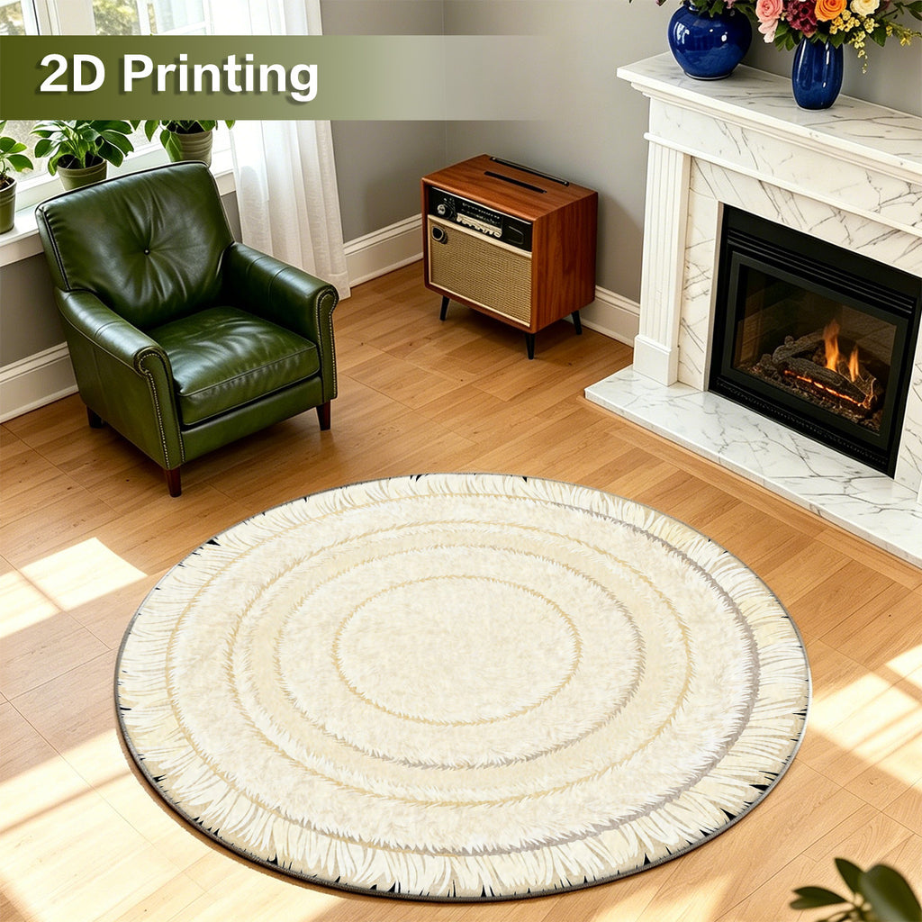 Tapis rond crème à franges courtes et trois anneaux imprimés