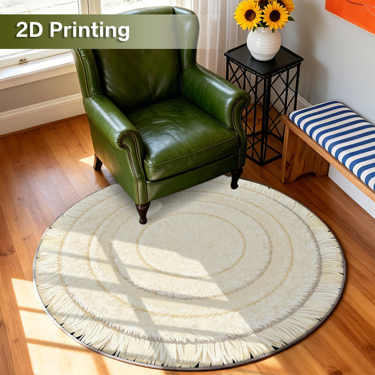 Tapis rond crème à franges courtes et trois anneaux imprimés