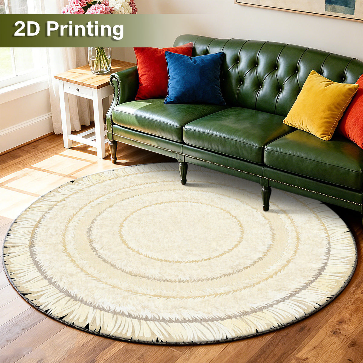 Tapis rond crème à franges courtes et trois anneaux imprimés