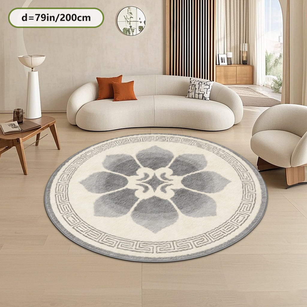 Tapis rond crème et gris à lotus central, frise à grecque