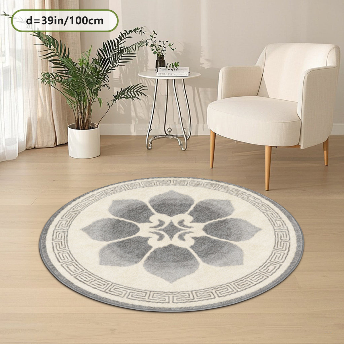 Tapis rond crème et gris à lotus central, frise à grecque