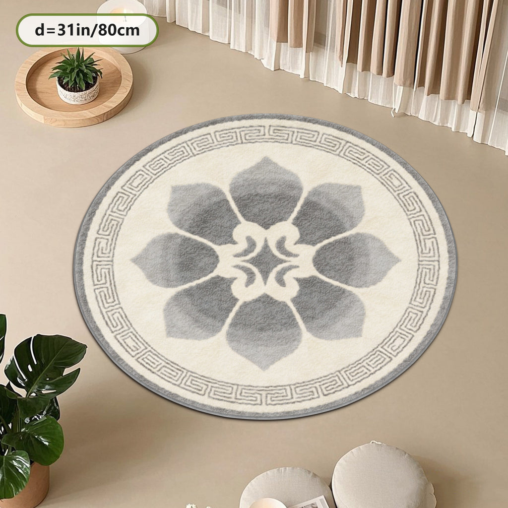 Tapis rond crème et gris à lotus central, frise à grecque