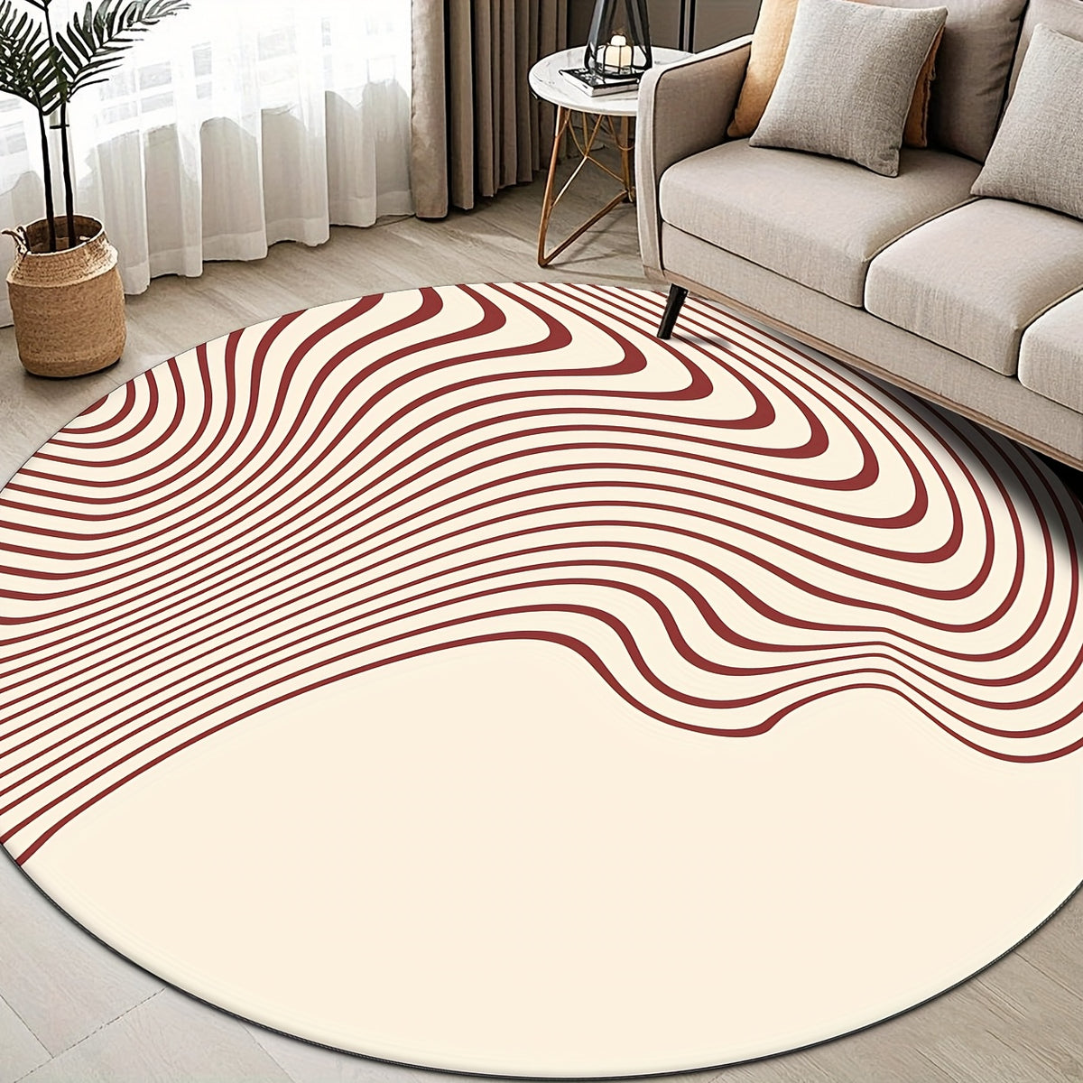 Tapis rond crème, faisceau de lignes bordeaux, dos à pois