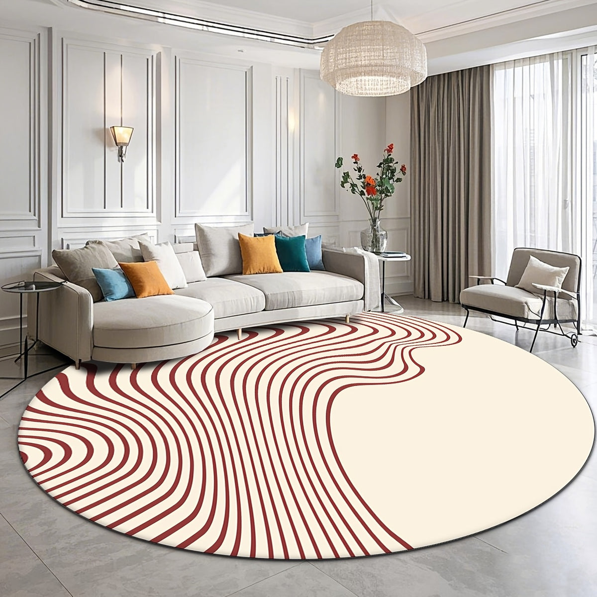 Tapis rond crème, faisceau de lignes bordeaux, dos à pois