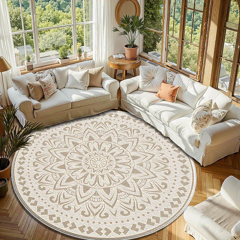 Tapis rond crème à mandala marocain, dos caoutchouc, 80 à 180 cm