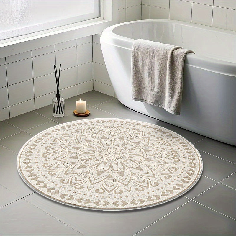 Tapis rond crème à mandala marocain, dos caoutchouc, 80 à 180 cm