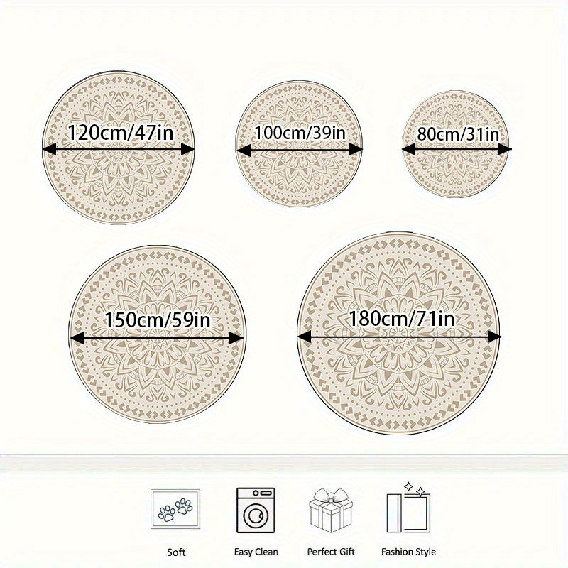 Tapis rond crème à mandala marocain, dos caoutchouc, 80 à 180 cm