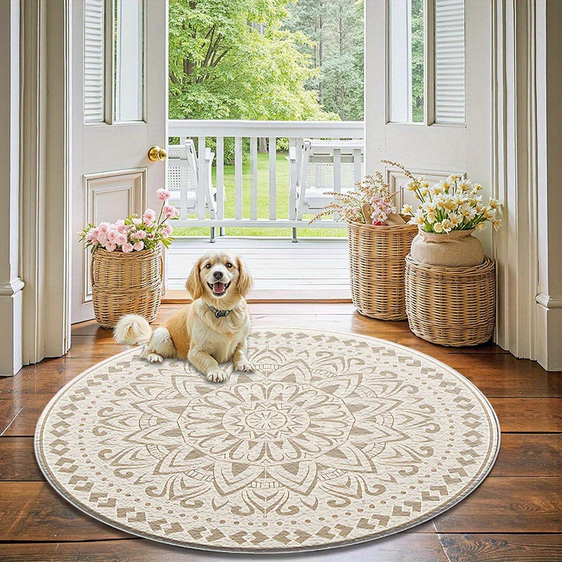 Tapis rond crème à mandala marocain, dos caoutchouc, 80 à 180 cm