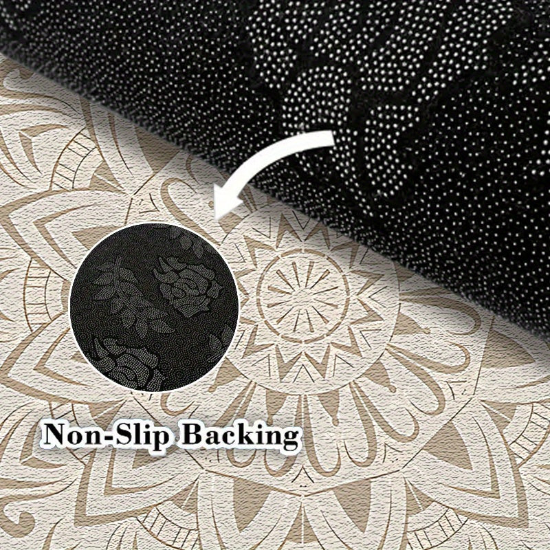 Tapis rond crème à mandala marocain, dos caoutchouc, 80 à 180 cm