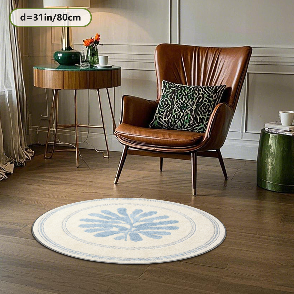 Tapis rond crème à feuillage bleu découpé, trois diamètres