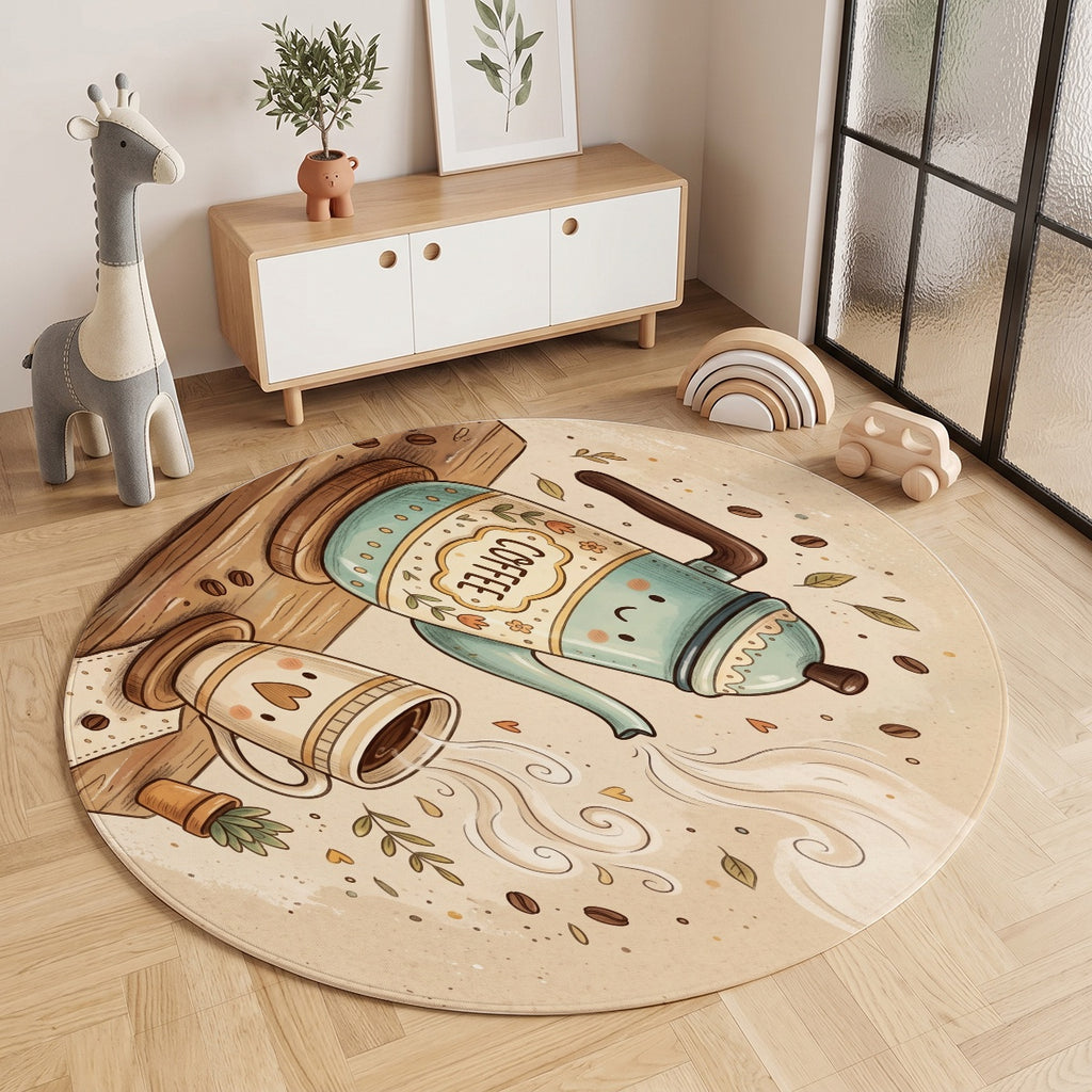 Tapis rond crème au moulin à café turquoise, quatre tailles