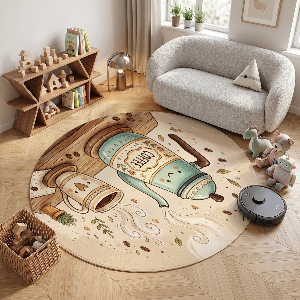 Tapis rond crème au moulin à café turquoise, quatre tailles
