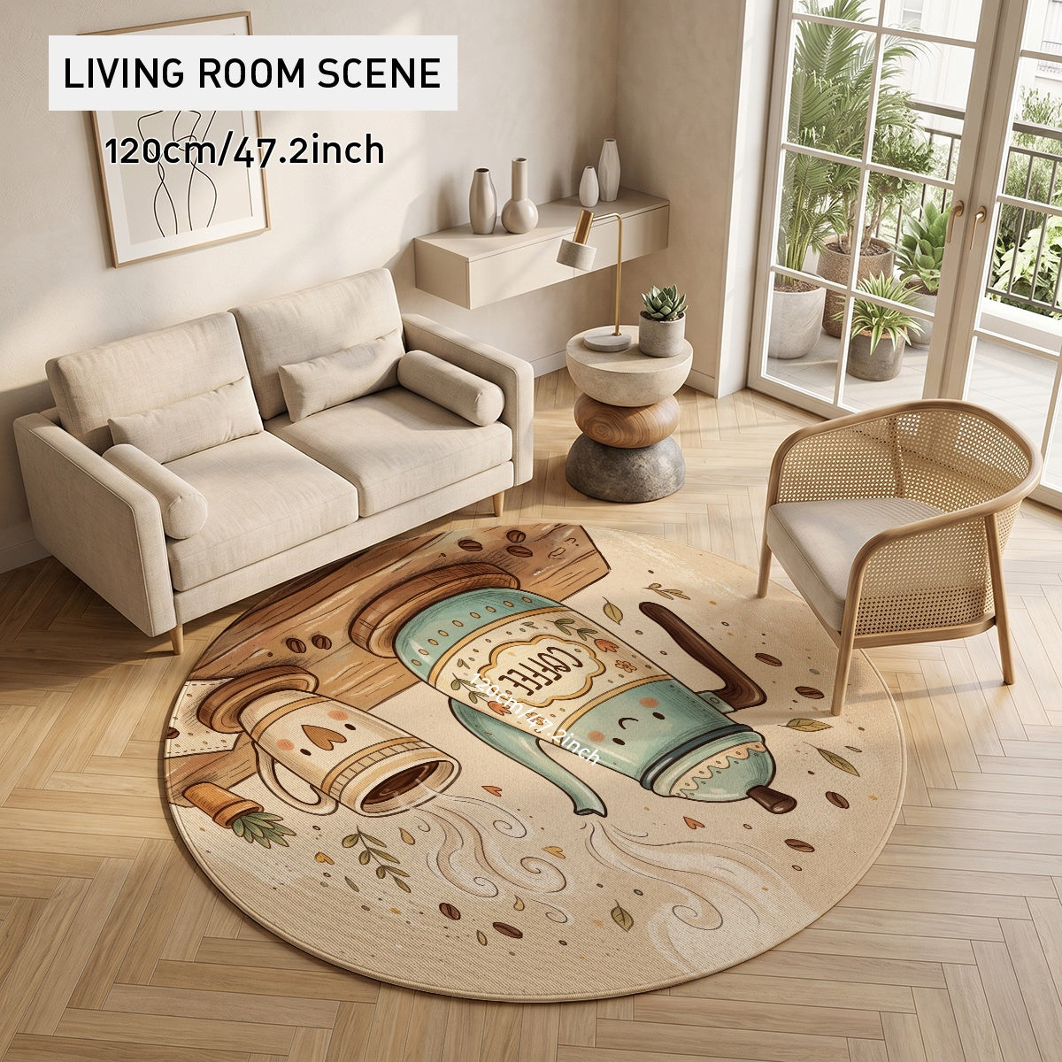 Tapis rond crème au moulin à café turquoise, quatre tailles