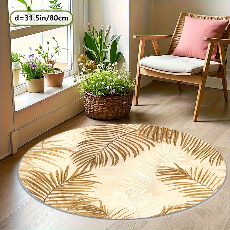 Tapis rond crème aux palmes dorées, diamètre unique 160 cm