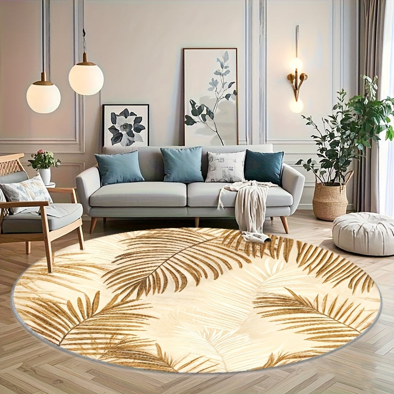 Tapis rond crème aux palmes dorées, diamètre unique 160 cm