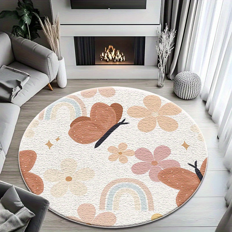 Tapis rond crème à papillons terracotta, style bohème doux