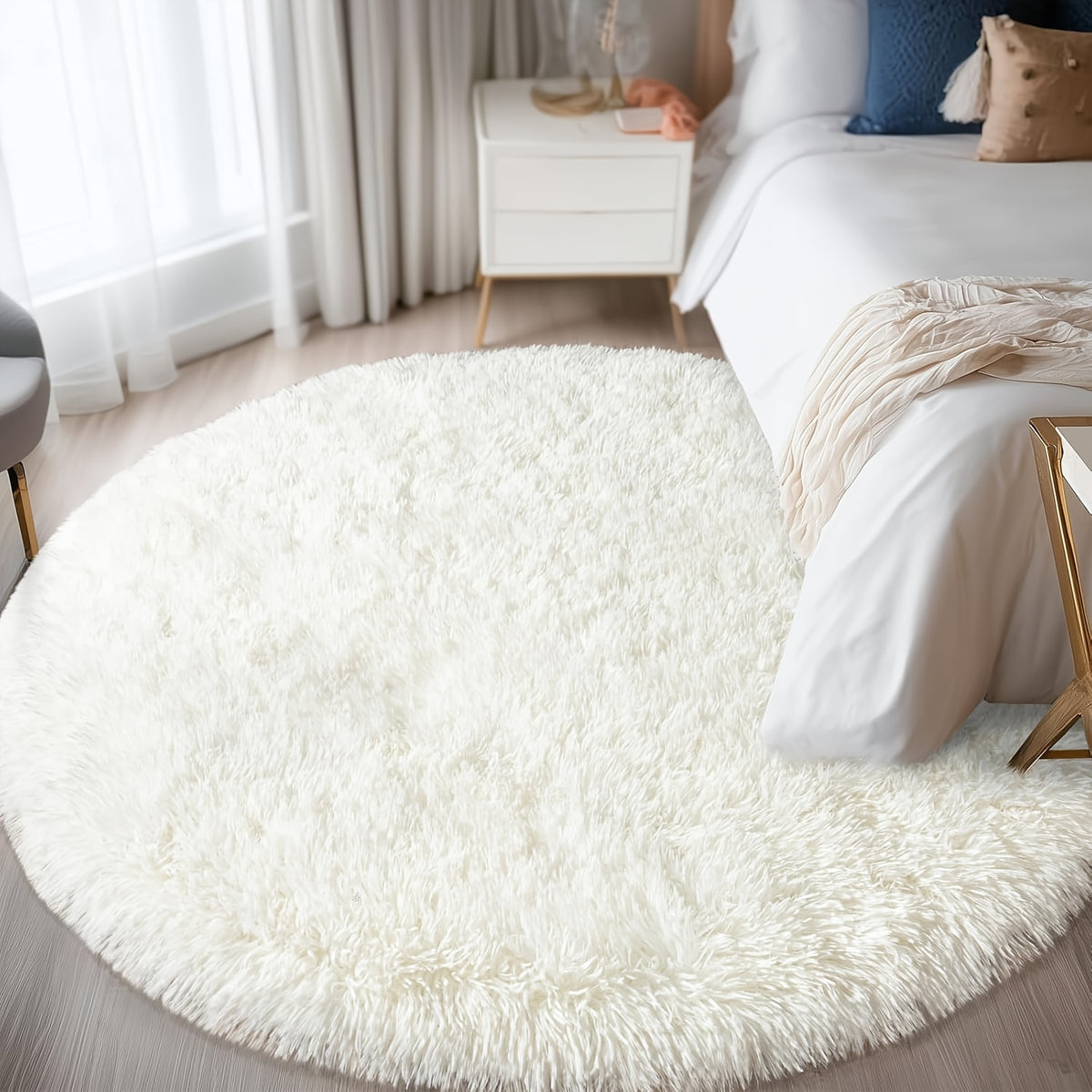 Tapis rond crème en peluche longue, cercles de 88 et 178 cm