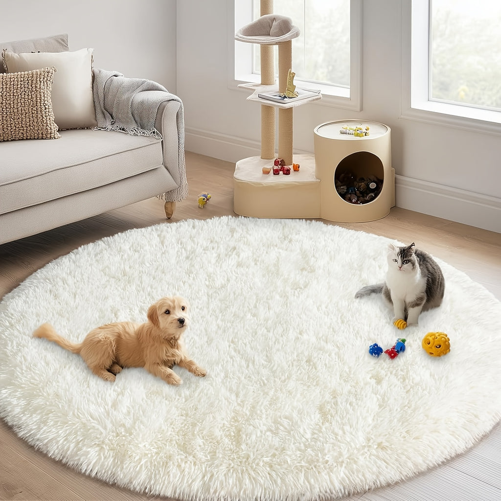 Tapis rond crème en peluche longue, cercles de 88 et 178 cm