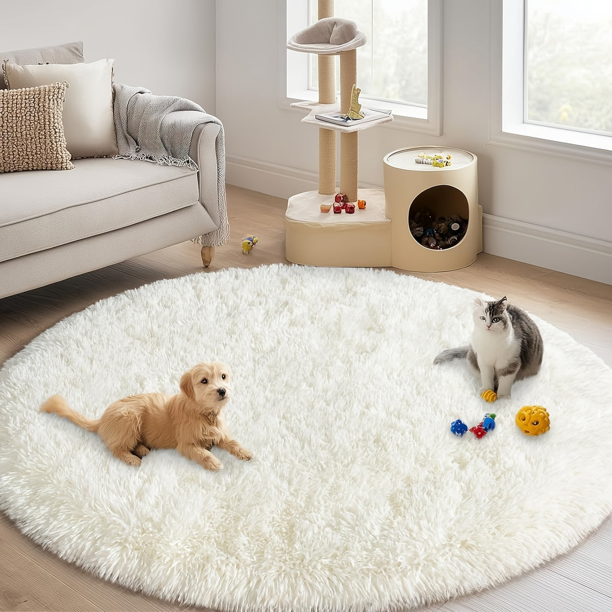 Tapis rond crème en peluche longue, cercles de 88 et 178 cm