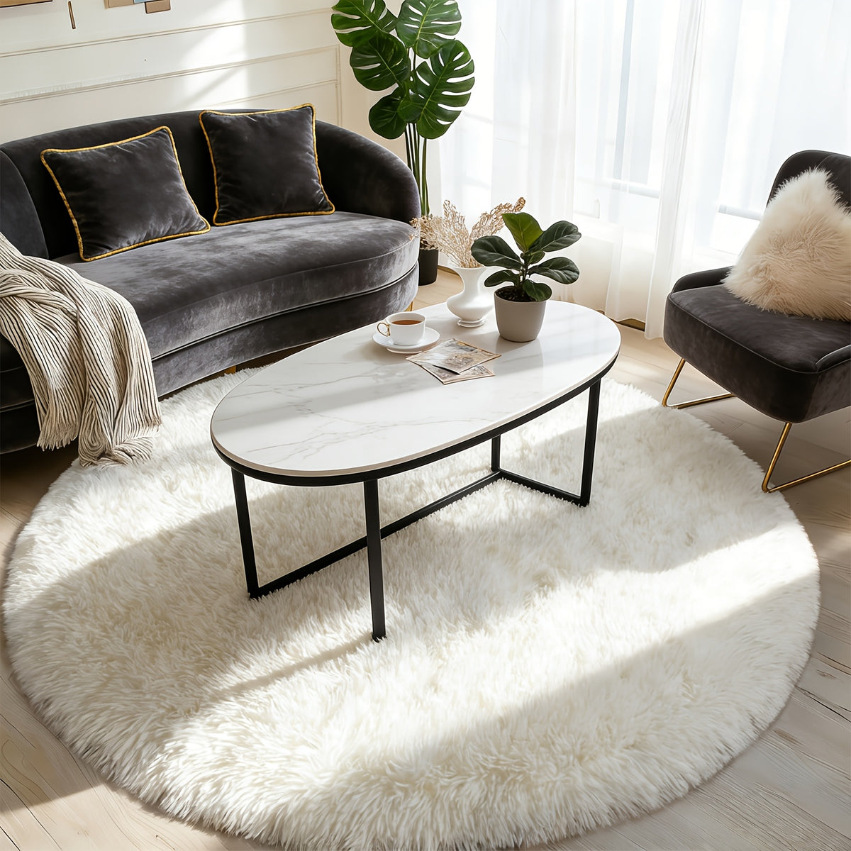 Tapis rond crème en peluche longue, cercles de 88 et 178 cm