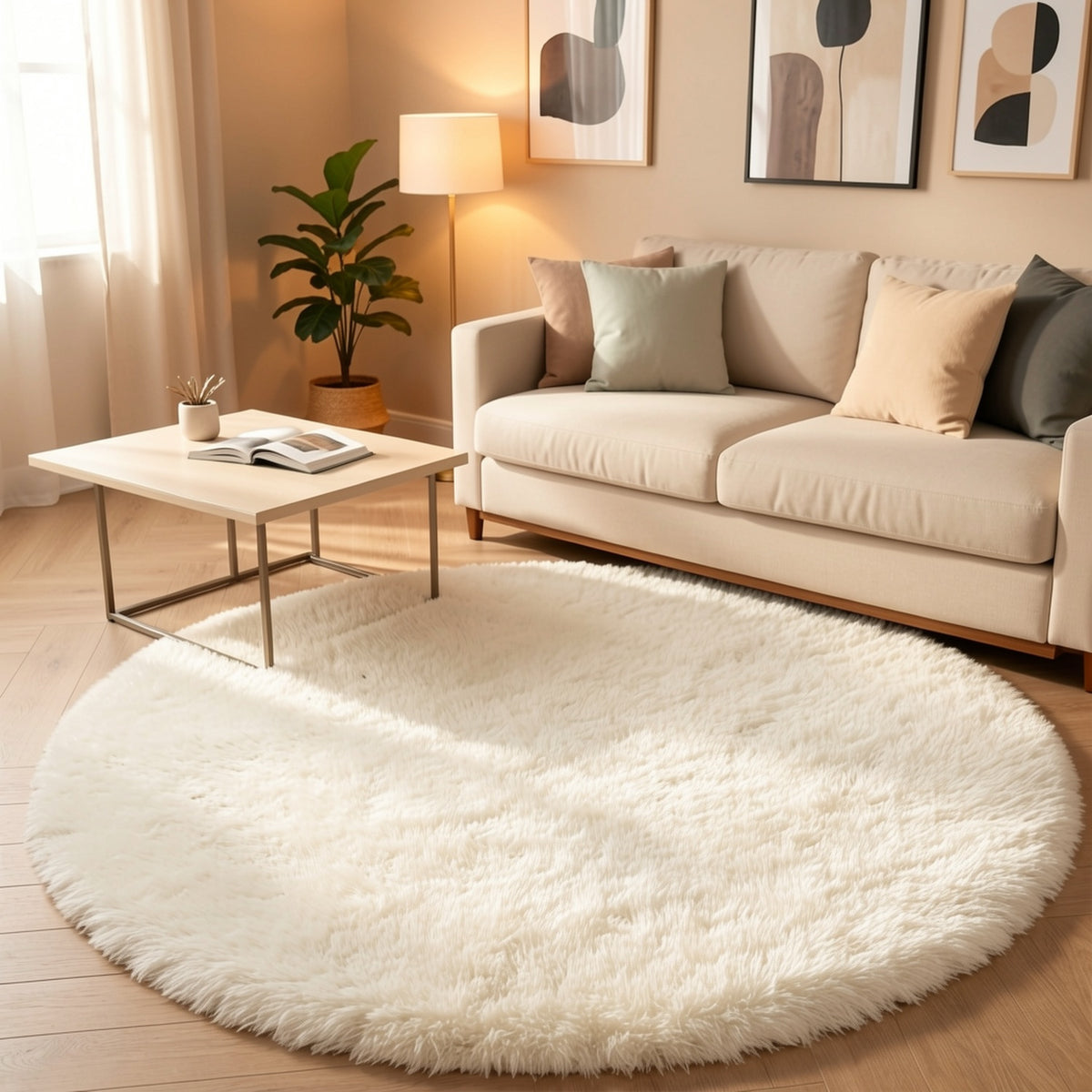 Tapis rond crème en peluche longue, cercles de 88 et 178 cm
