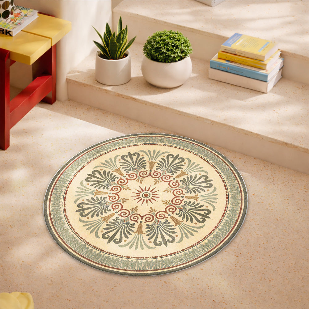 Tapis rond crème à rosace antique verte et rouge brique