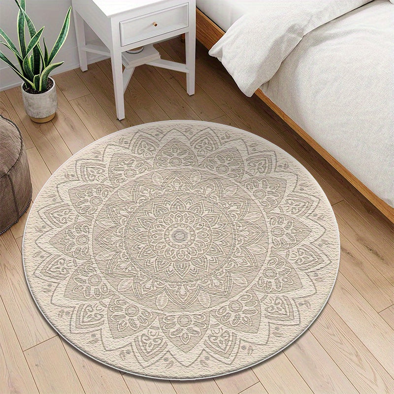 Tapis rond crème, mandala ton sur ton et envers caoutchouc