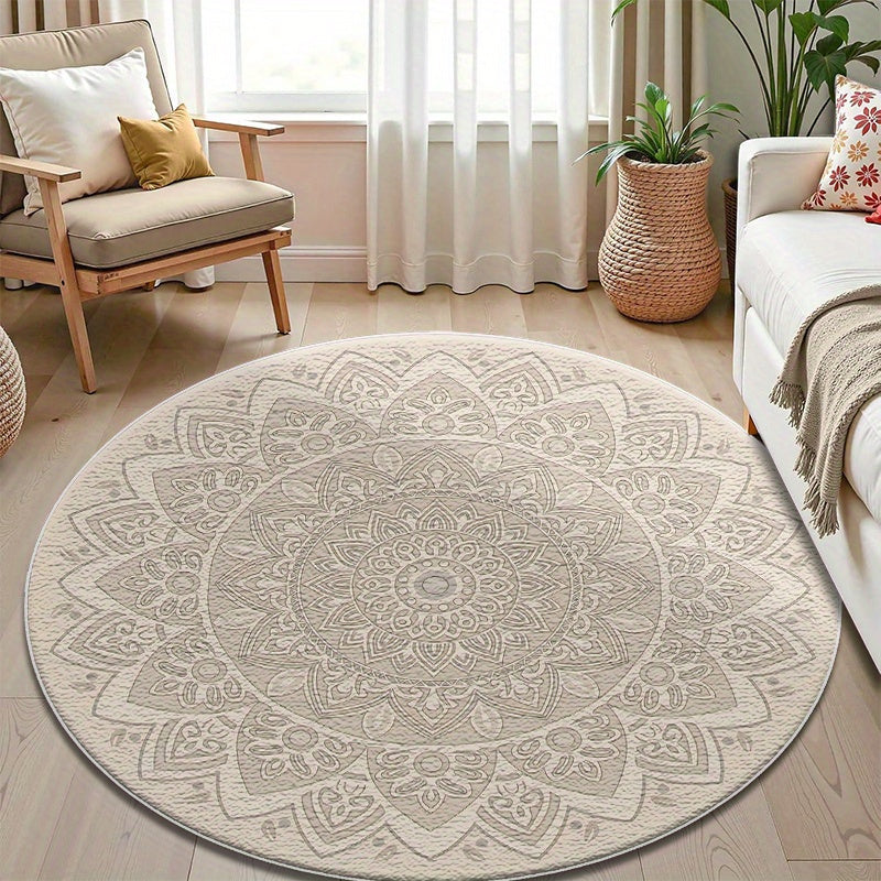 Tapis rond crème, mandala ton sur ton et envers caoutchouc