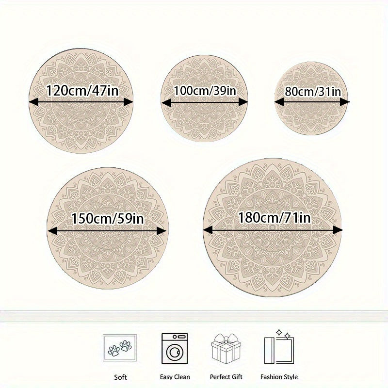 Tapis rond crème, mandala ton sur ton et envers caoutchouc